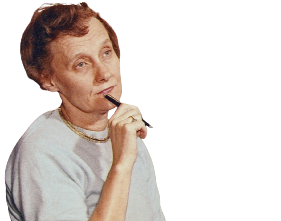 Astrid Lindgren schaut nachdenklich in die Luft und hält einen Kugelschreiber in der Hand, den sie zum Mund führt