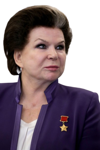 Walentina Tereschkowa in einem lilanen Blazer, die streng zur Seite schaut