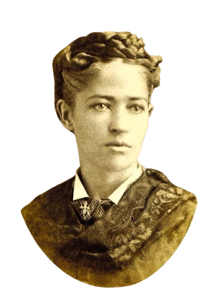 Eine junge Frau mit zarten Gesichtszügen, schick gekleidet und mit Flechtfrisur namens Josephine Cochrane
