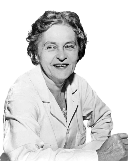 Eine lächelnde Frau im weißen Kittel, die freundlich zur Seite schaut, namens Maria Telkes, die Erfinderin der Solarheizung