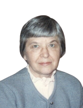 Grau- und kurzhaarige Frau in den 50ern mit einem blaugrauen Pullover und einer Bluse, namens Stephanie Kwolek