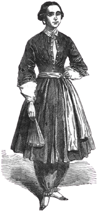 Eine illustrierte Frau im Bloomer-Kostüm in schwarz/weiß