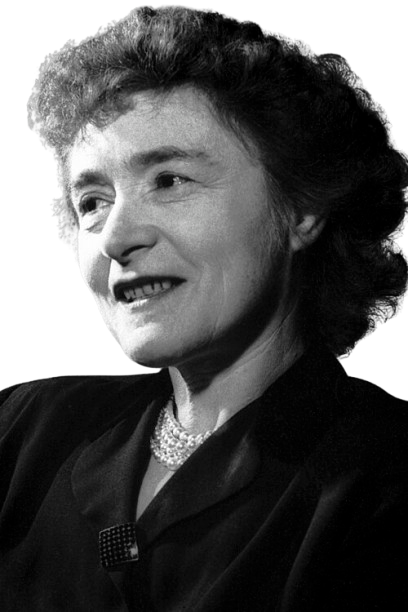 Eine Frau mit braunen Haaren und schwarzer Bluse namens Gerty Cori, die als erste Frau den Nobelpreis für Medizin erlangte