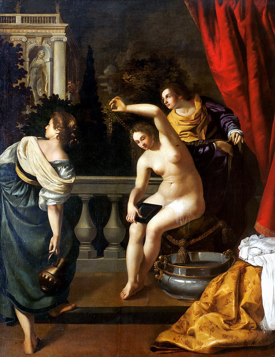 Barockgemälde: Eine nackte Frau (Bathseba) sitzt beim Bade, während Dienerinnen sie mit Tüchern und Schmuck umsorgen; im Hintergrund ist eine Architektur mit der Figur des beobachtenden König David angedeutet.