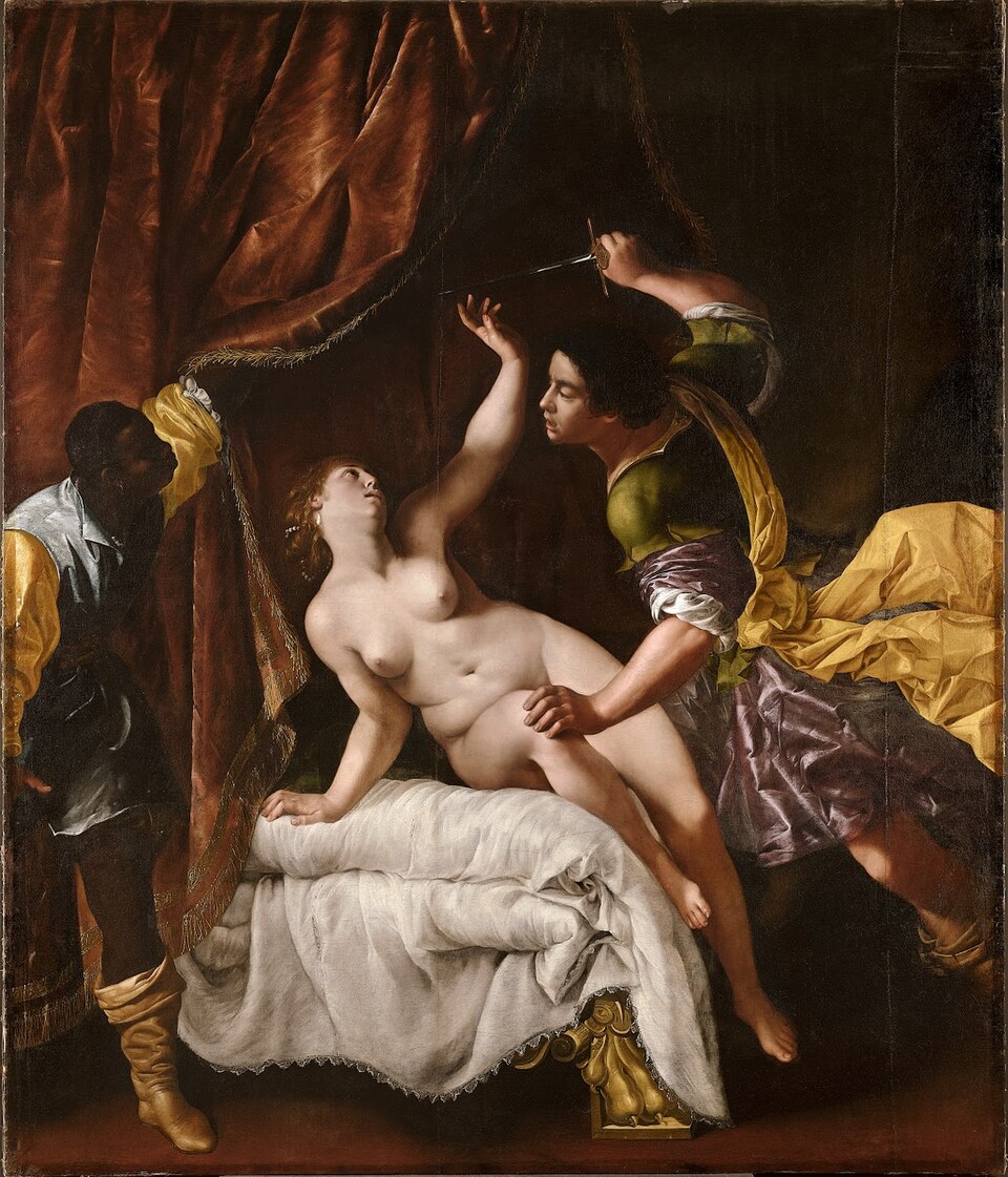 Barockgemälde: Ein Mann (Tarquinius) beugt sich gewaltsam über eine halbnackte Frau (Lucretia) auf einem Bett, hebt drohend die Hand und drückt sie nieder, während sie sich wehrt; dramatisches Hell-Dunkel